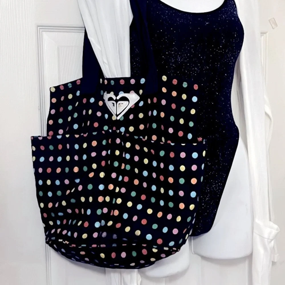 Roxy Black Multi Color Polka Dot Canvas Grocery Tote Book Laptop Beach Pool Bag